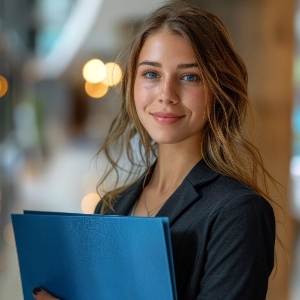 Giovane professionista sorridente con una cartellina blu